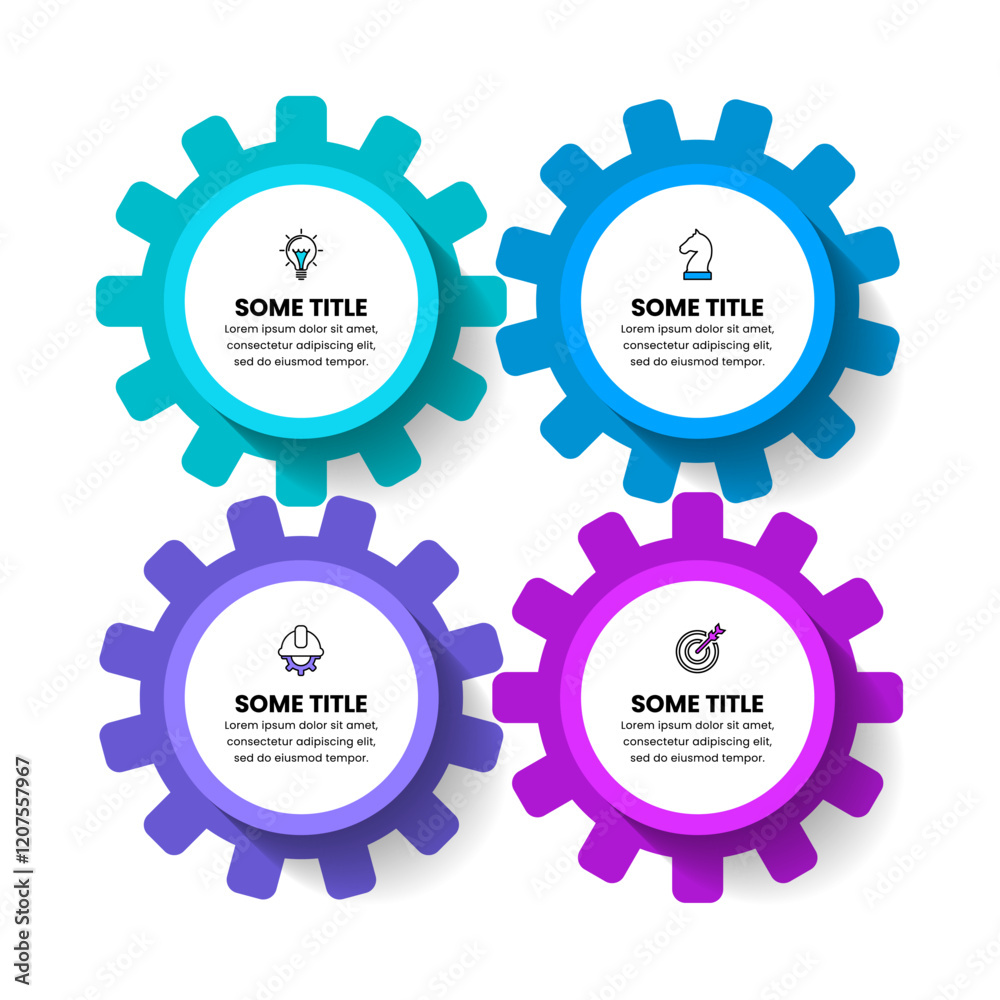 Infographic template. 4 connected gears with icons Infographic template. 4 connected gears with icons