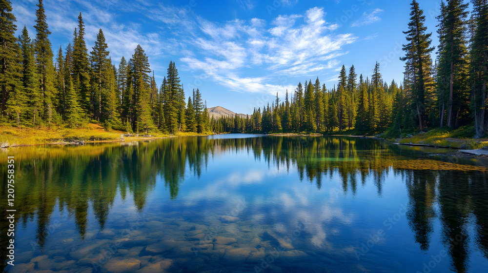 A serene lake surrounded by dense pine trees and clear reflections on the still water under a blue sky with scattered clouds A serene lake surrounded by dense pine trees and clear reflections on the still water under a blue sky with scattered clouds