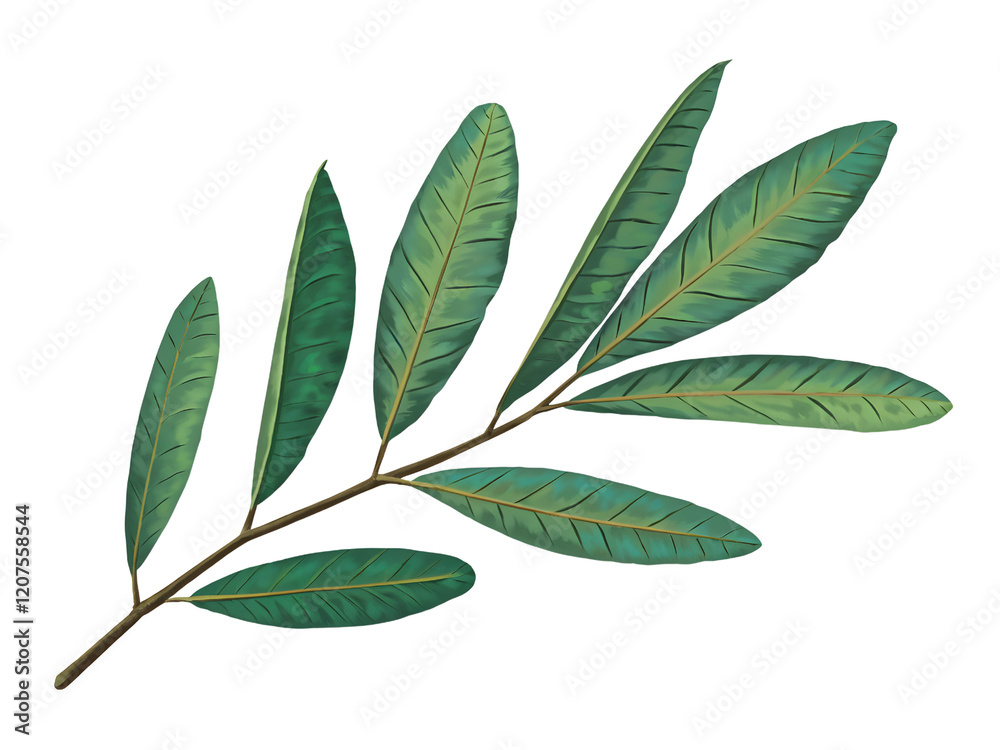 Naklejka premium Vibrant Green Leaves on Diagonal Branch Against White Background