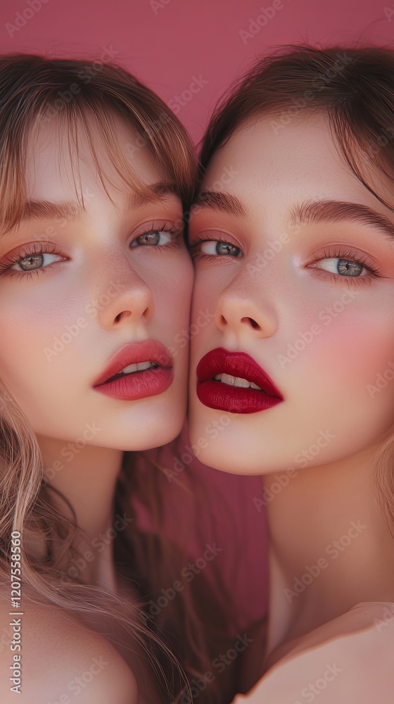 Close-up portrait of two women showcasing bold red lipstick and flawless makeup against a pink backdrop, emphasizing beauty. Close-up portrait of two women showcasing bold red lipstick and flawless makeup against a pink backdrop, emphasizing beauty.