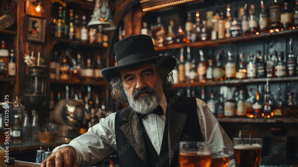 Victorian bartender at rustic bar portrait image. Liquor bottles, bearded man in classic outfit picture photorealistic photography. Old-fashioned pub concept photo realistic Victorian bartender at rustic bar portrait image. Liquor bottles, bearded man in classic outfit picture photorealistic photography. Old-fashioned pub concept photo realistic