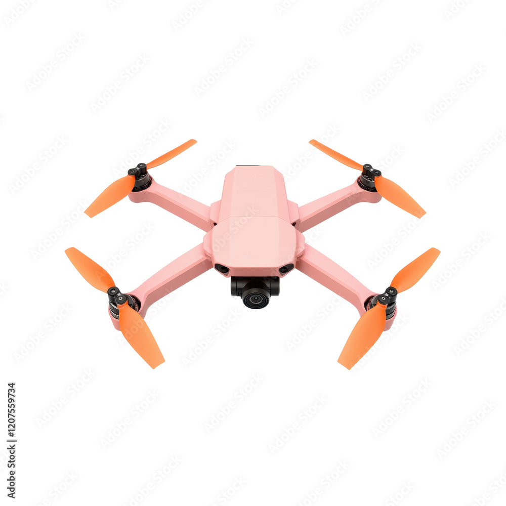 3D pink drone equipped with orange propellers and a small camera. The compact and modern design makes it ideal for aerial photography and tech-themed projects. Isolated on transparent background, png. 3D pink drone equipped with orange propellers and a small camera. The compact and modern design makes it ideal for aerial photography and tech-themed projects. Isolated on transparent background, png.