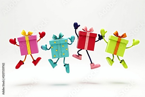 3D Illustration of Cheerful Gift Boxes in Motion: A Joyful and Festive Scene