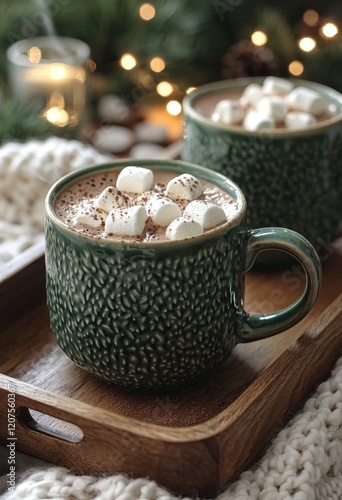 In a charming winter setting, enjoy hot cocoa with marshmallows in mugs, decorated with Christmas tree branches and draped with a cozy blanket for a warm and inviting vibe