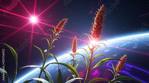 Space plants flourishing near Earth's horizon, illuminated by a bright star.
