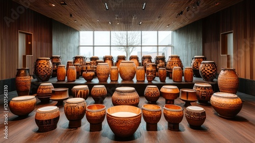 Collection of intricately carved drums displayed in a modern museum setting, showcasing cultural heritage through musical instruments photo