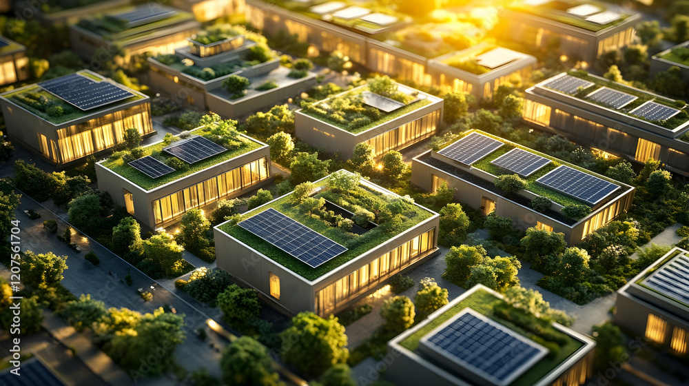 Fototapeta premium Aerial view of a futuristic city featuring green rooftops, solar panels and smart urban planning illuminated by vibrant sunlight