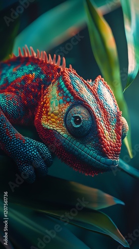 Close-up of mesmerizing chameleon with bright colors photo