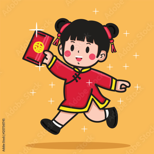 A cute girl celebrating Chinese New Year by getting an angpao for a sticker or design element