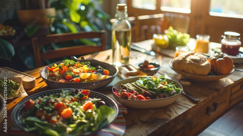 Obraz premium Vibrant Healthy Breakfast Spread in Sunlit Kitchen