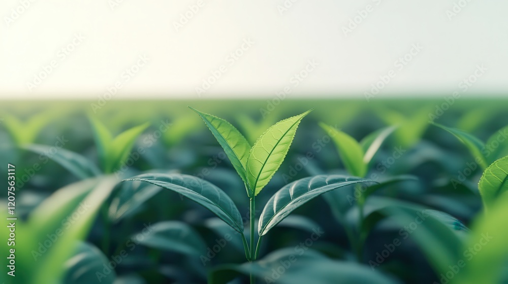 Fototapeta premium Hand picking matcha at sunrise. Fresh green tea leaves in a lush field environment.