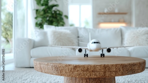 A miniature airplane rests on a wooden coffee table, inviting thoughts of travel and adventure. The modern decor enhances the visual appeal of the scene. photo