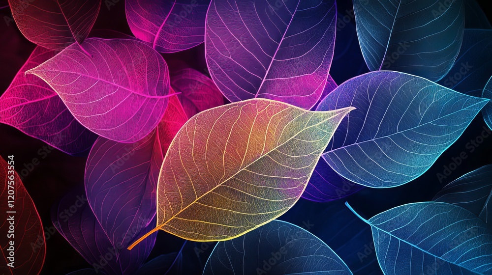 Vibrant neon leaves create a cool and abstract background design. Vibrant neon leaves create a cool and abstract background design.