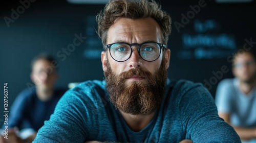 A young bearded man in a blue sweater with glasses gazes thoughtfully at the camera, symbolizing deep reflection and connection in a contemporary learning environment. photo