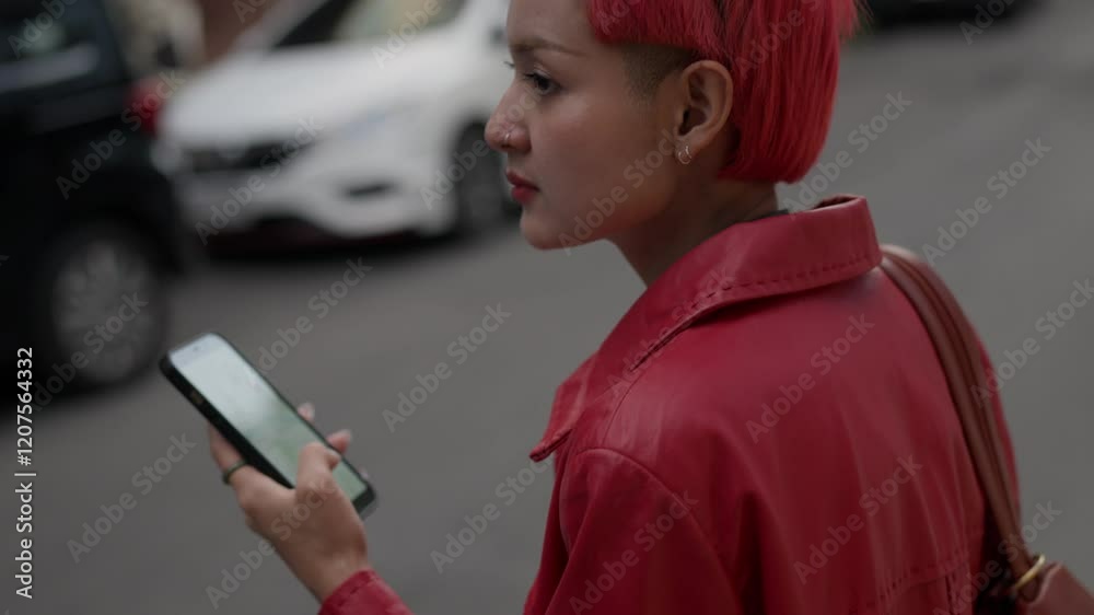 girl gen z asian woman Traveler using mobile phone on street in city ...