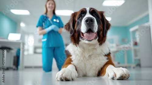 An adorable Saint Bernard dog lays peacefully in a veterinary clinic, emanating comfort while a professional veterinarian works in the background. photo