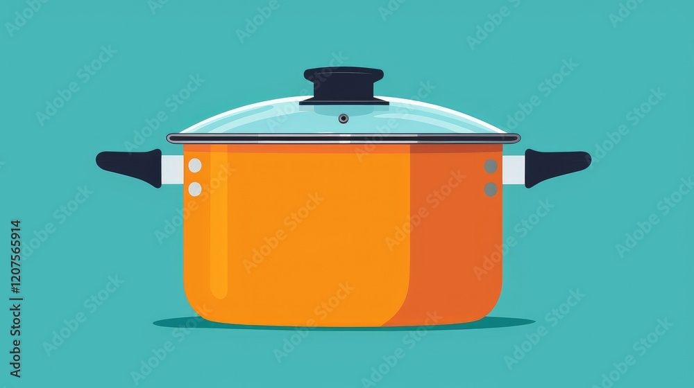 Bright Orange Cooking Pot with Glass Lid on Teal Background Bright Orange Cooking Pot with Glass Lid on Teal Background