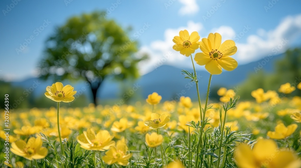 Yellow flowers field, sunny day, tree, mountains, spring Yellow flowers field, sunny day, tree, mountains, spring