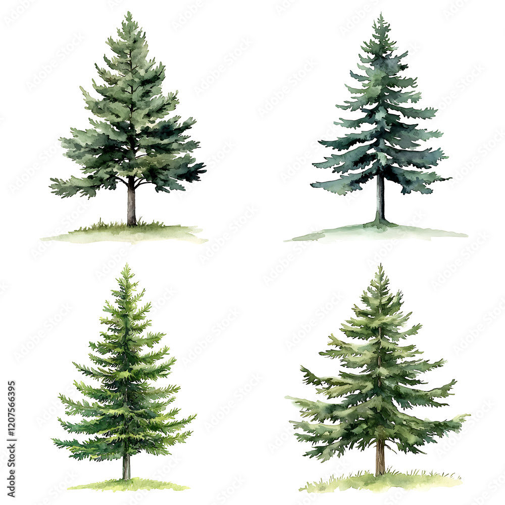 Fototapeta premium Diverse pine trees natural landscape watercolor art calm environment aesthetic view nature concept