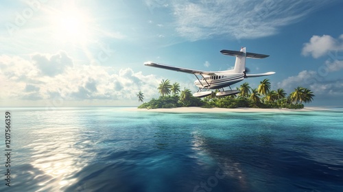 A seaplane flying over a tropical island oasis, surrounded by crystal-clear waters and lush palm trees. photo