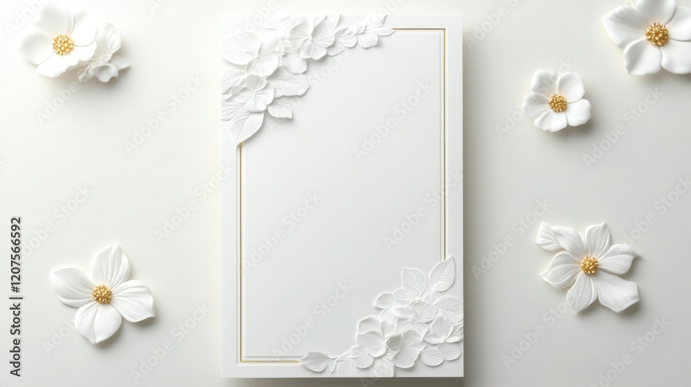 Obraz premium wedding invitation card, classic white and gold theme, floral details, elegant script font, luxurious 