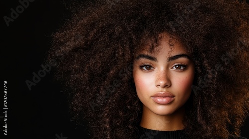 This striking portrait of a beautiful young woman with voluminous curly hair captures her vivid personality and natural grace, showcasing her unique features against a dark background. photo