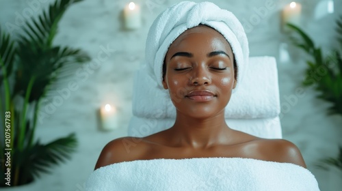 A serene moment featuring a woman at a spa, symbolizing relaxation and self-care, showcasing peaceful expressions and a tranquil environment with soft lighting. photo