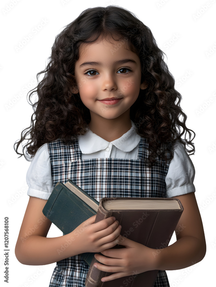 Smiling Young Girl in School Uniform Holding Books Isolated on White Background