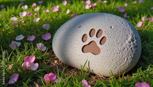 Minimalistic gray memorial stone with paw print surrounded by rose petals on grass