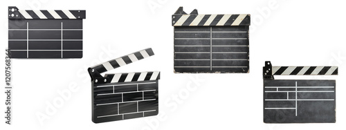 Set of film clapboards for movie production, isolated on transparent background