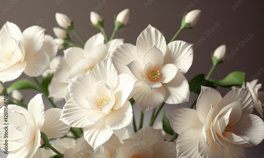 Fototapeta premium Elegant white flowers arranged beautifully, showcasing delicate petals and lush green leaves. This serene floral composition adds touch of sophistication to any space