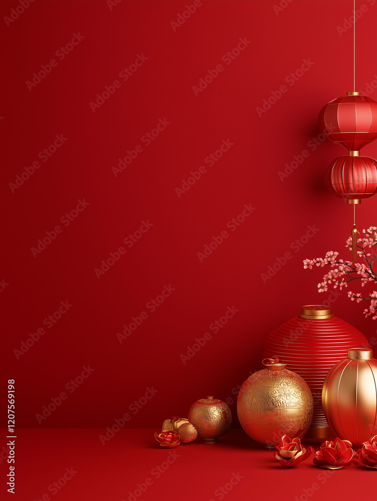 Elegant Lunar New Year setting featuring traditional red lanterns, cherry blossoms, and gold ornaments against a vibrant red background.
Elegant Lunar New Year setting featuring traditional red lanterns, cherry blossoms, and gold ornaments against a vibrant red background.