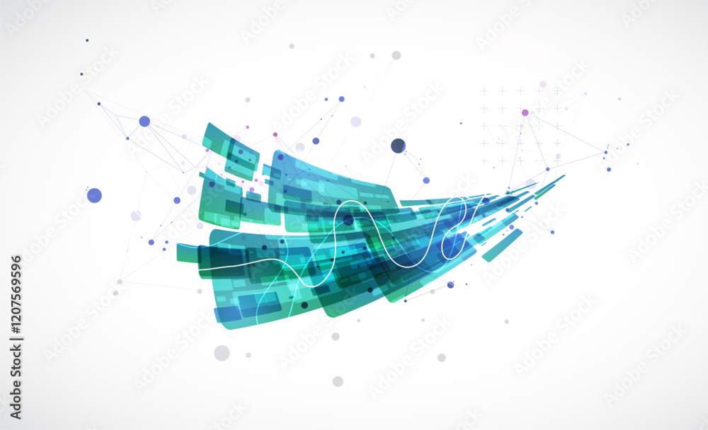 Fototapeta premium Abstract wave of rectangles with plexus elements. Hand drawn vector.