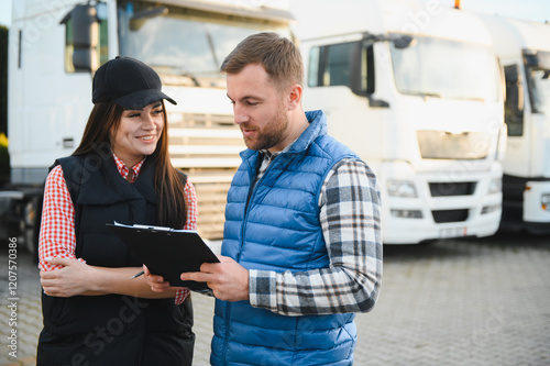 Konstfotografi Logistics - proud driver or forwarder and female coworker, in front of trucks an