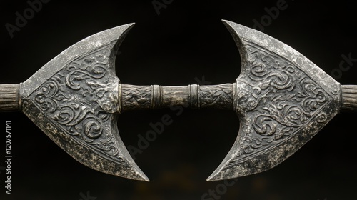 Ornate double-headed axe with intricate carvings on dark background. photo