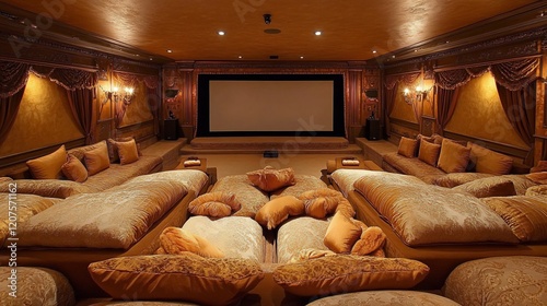Luxurious Home Theater Design: Opulent Golden Hues and Plush Seating