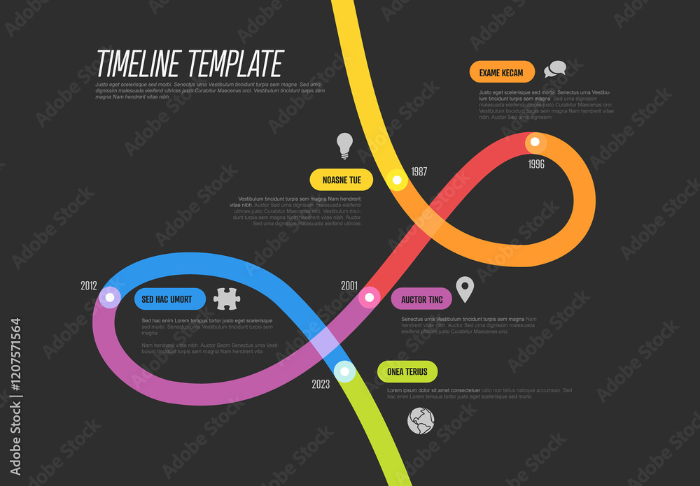 Colorful Dark Thick Line Timeline Graphic Template with five Milestones