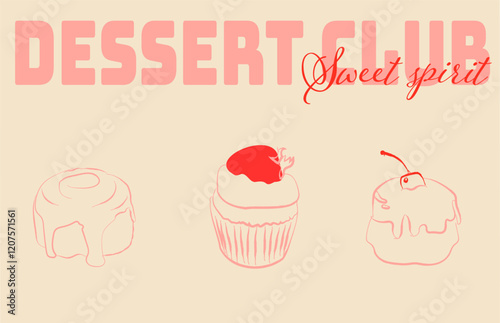 Set of hand drawn coquette elements for Valentines day, wedding invitation, birthday card. Cupcake, cinnabon, muffin with stawberry. Vintage elegant vector illustration.