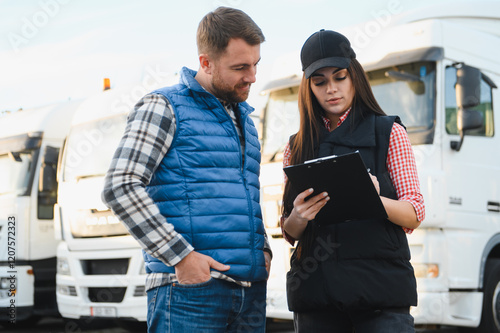 Two professional truck drivers stand in front of the big truck. They talk and perform a technical inspection of the vehicle before next drive. Professional transportation concept photo