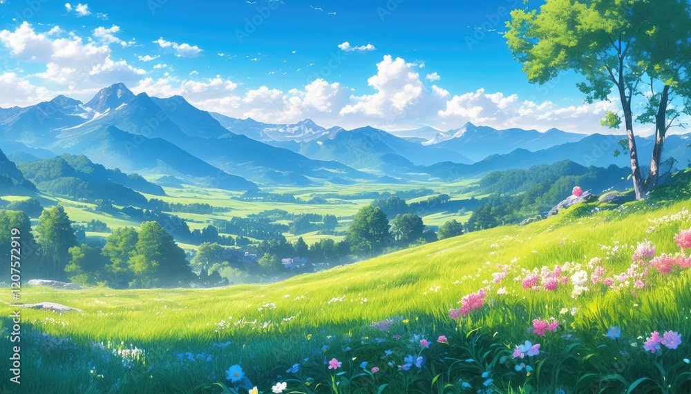 Fototapeta premium Serene Mountain Valley Spring Meadow Landscape