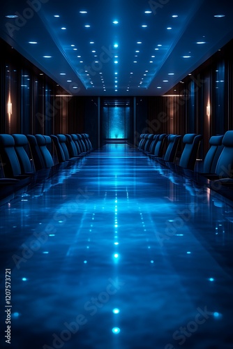 Long, sleek conference table in a modern, dimly lit room.