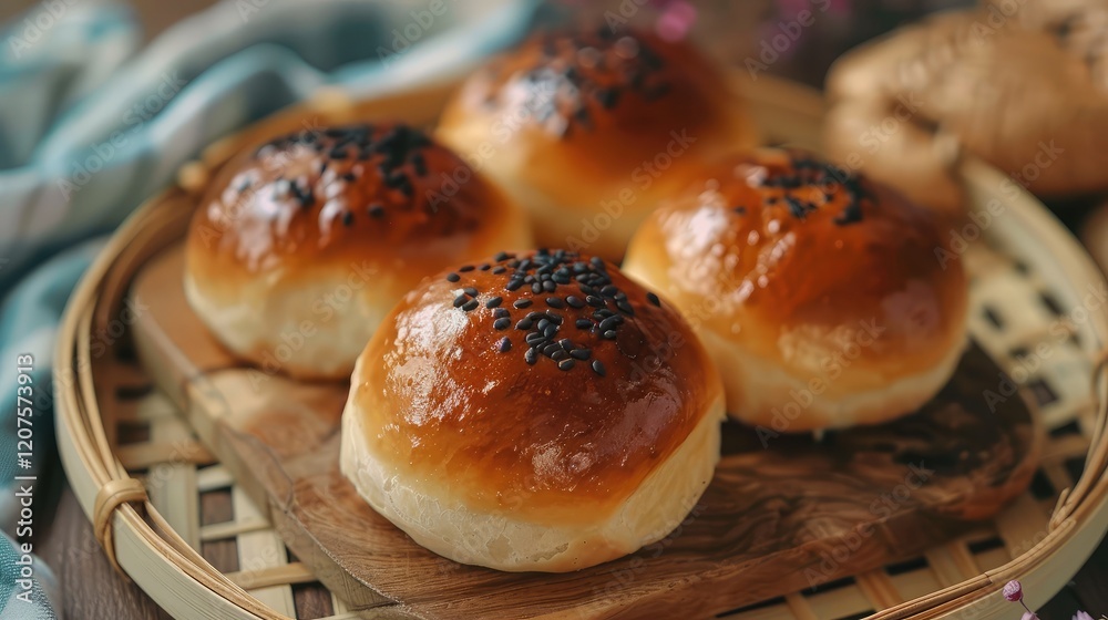 Freshly Baked Soft Bread Rolls with Black Sesame Topping Freshly Baked Soft Bread Rolls with Black Sesame Topping