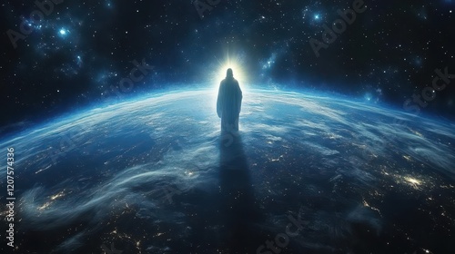 digitally rendered cosmic christ figure emanating light over detailed earth sphere stars and nebulae create dramatic space backdrop technology meets spirituality photo