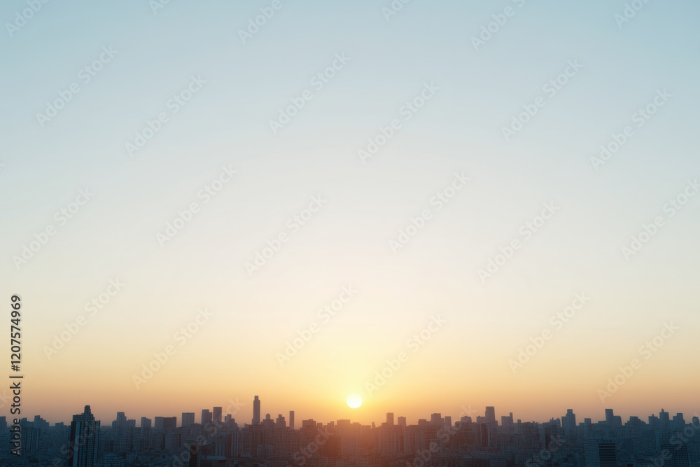 A city skyline with a bright orange sun in the sky A city skyline with a bright orange sun in the sky