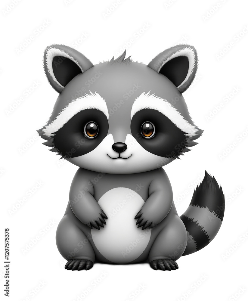 Fototapeta premium Cartoon raccoon sitting with gray and white fur on transparent background
