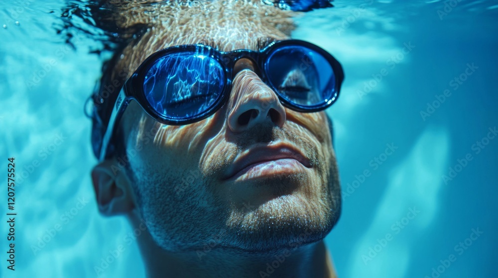 Naklejka premium Submerged Man in Pool Wearing Sunglasses
