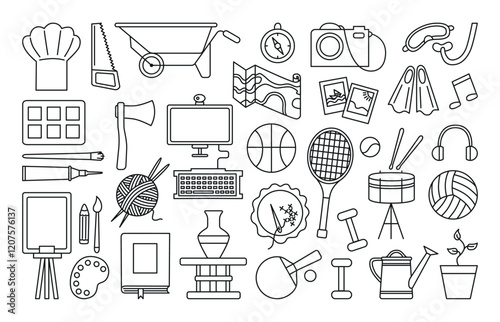 Hobby doodle symbols. Leisure and free time equipment. Sport knitting drawing gardening programming clay molding embroidery, neoteric vector set