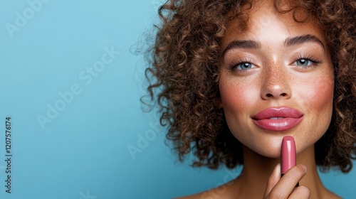 The image features a confident woman showcasing her pink lipstick, radiating beauty norms and self-assurance while promoting personal style and empowerment. photo