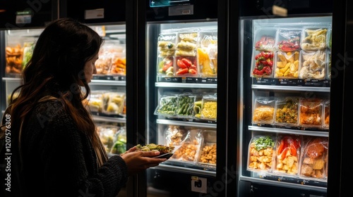 Woman Choosing Healthy Snacks from Vending Machine at Night