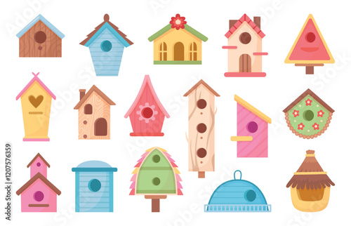 Hand made wooden bird houses. Cartoon birdhouse for feeding tiny birds, spring autumn crafted bird nest. Outdoor garden decorations, neoteric vector set
